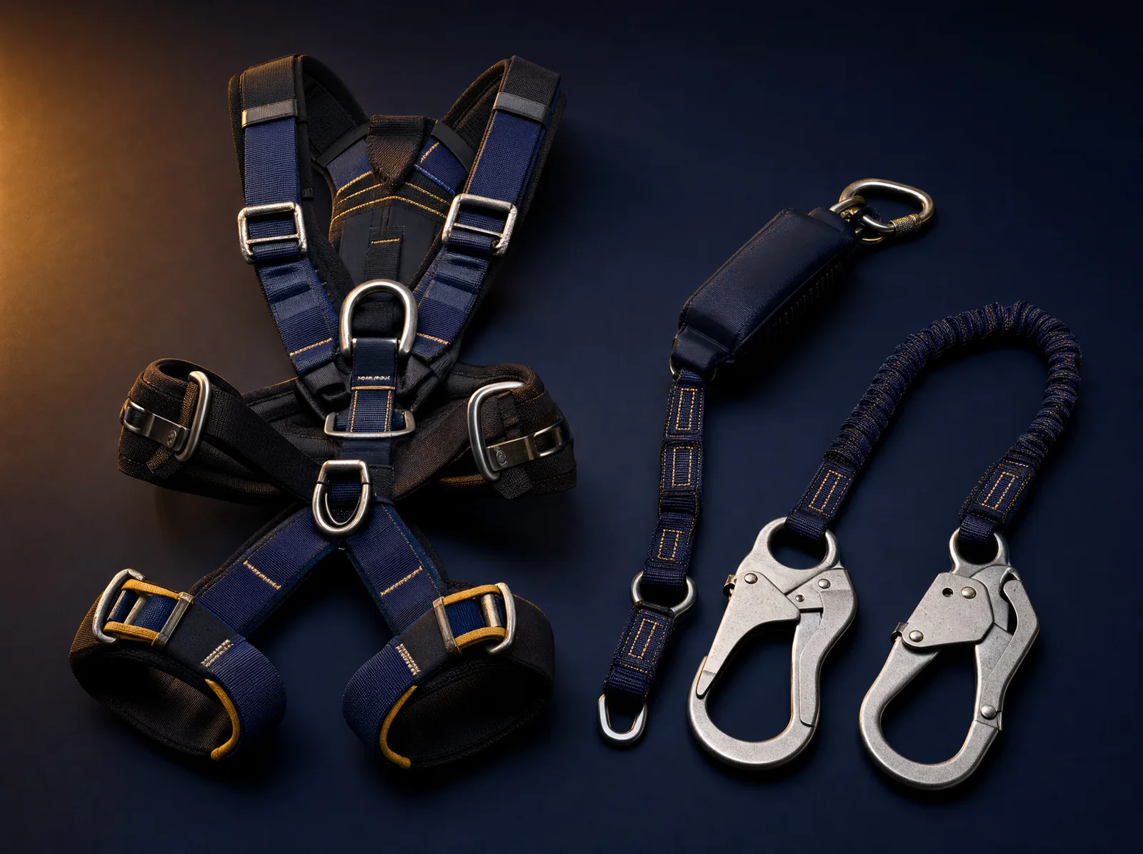 Tam vücut emniyet kemeri, bağlantı elemanı ve çift kancalı lanyard