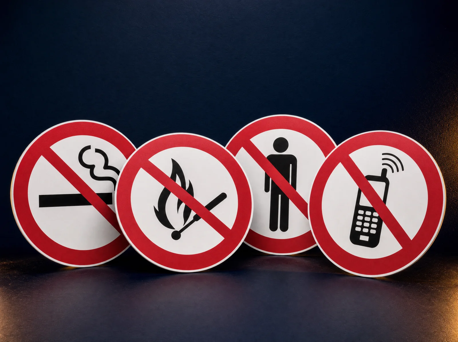 Sigara, açık alev, yetkisiz giriş ve telefon kullanımını sınırlayan kırmızı yasak işaretleri